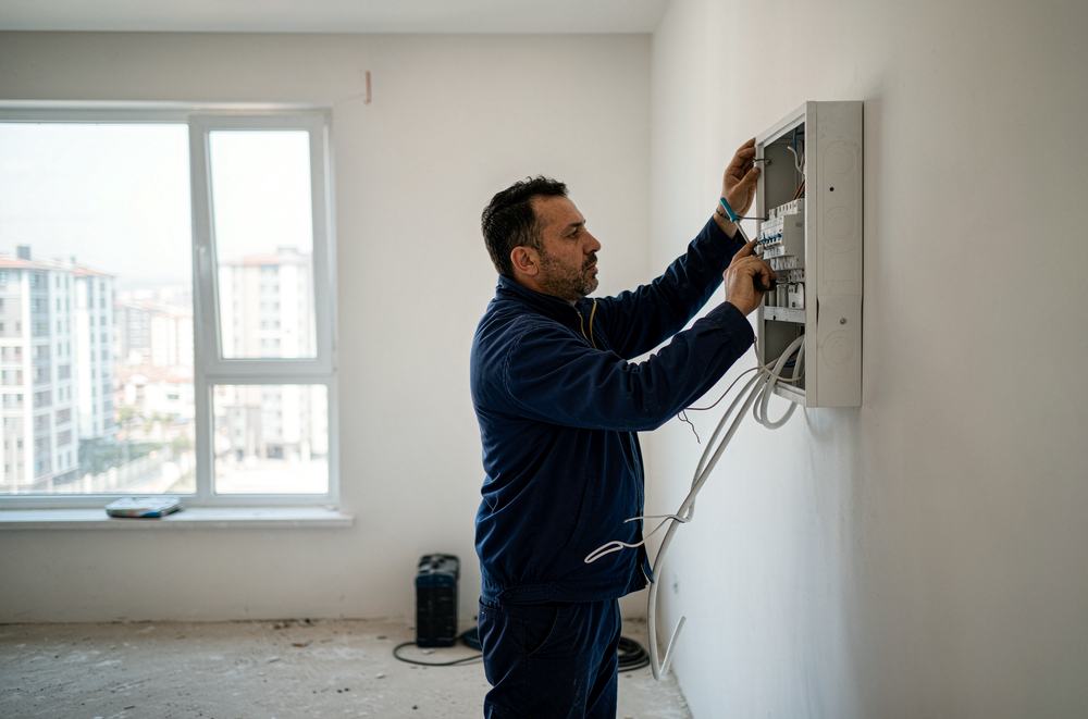 An electrician installs a new breaker panel