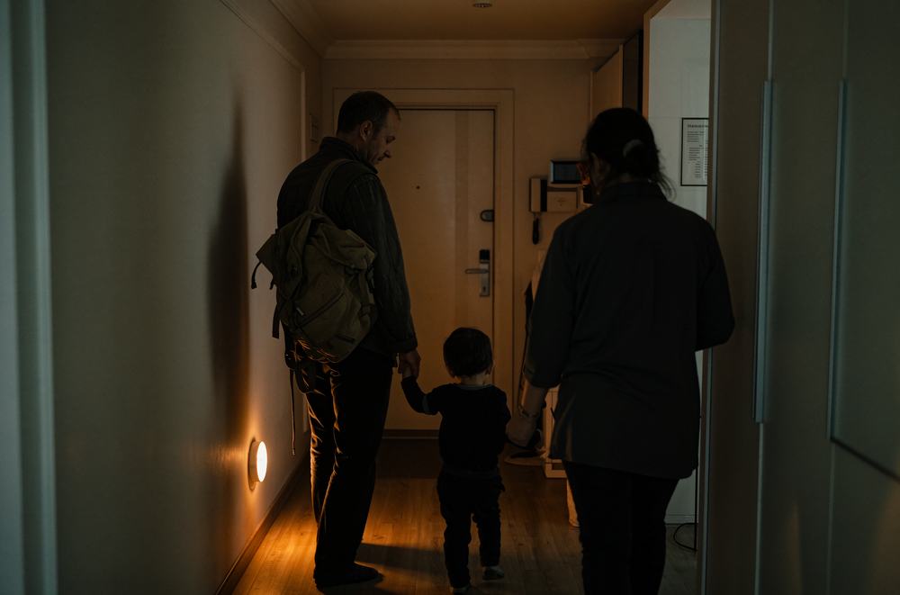 A family walks to the door, lit by an emergency light